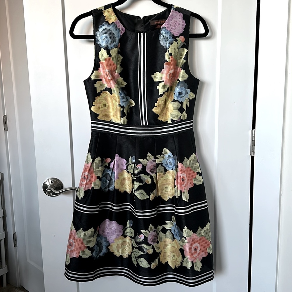 ANTHROPOLOGIE Primula Dress Colorful Pixelated Floral Print Fit & Flare Black - Picture 5 of 8
